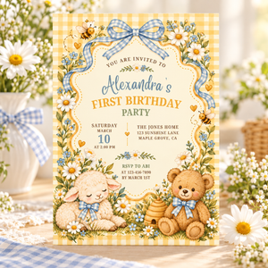 Storybook First Birthday Invitation – Yellow Gingham, Teddy Bear & Lamb L191