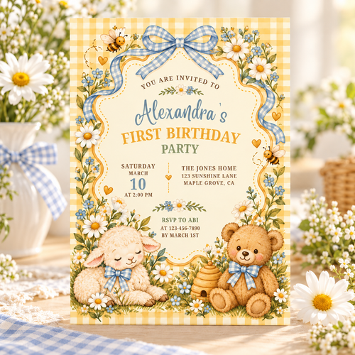 Storybook First Birthday Invitation – Yellow Gingham, Teddy Bear & Lamb L191