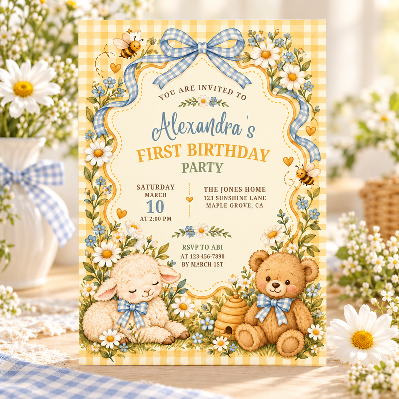 Storybook First Birthday Invitation – Yellow Gingham, Teddy Bear & Lamb L191