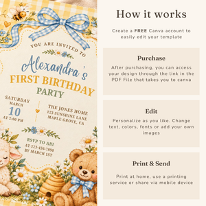 Storybook First Birthday Invitation – Yellow Gingham, Teddy Bear & Lamb L191