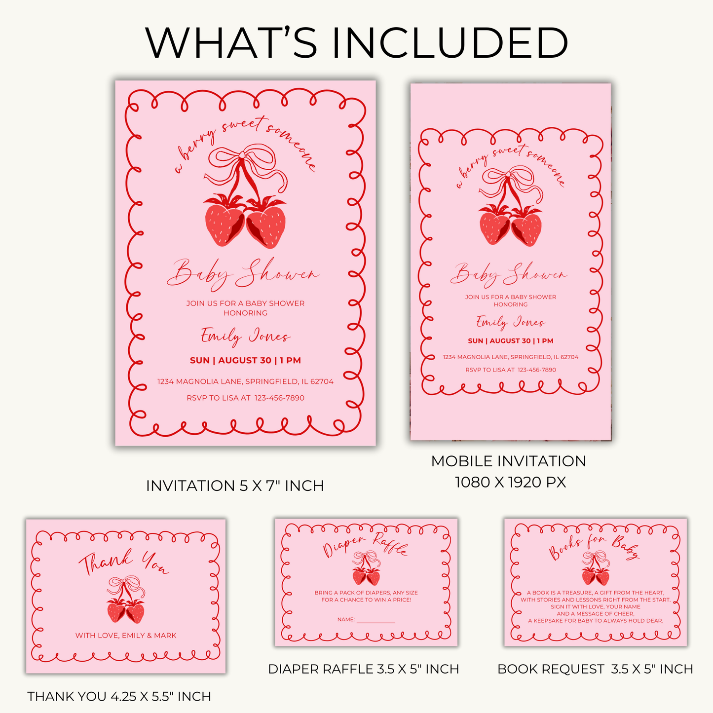 Baby Shower Invitation Bundle - Berry Sweet Coquette Pink Strawberry Grandmillennial BS151