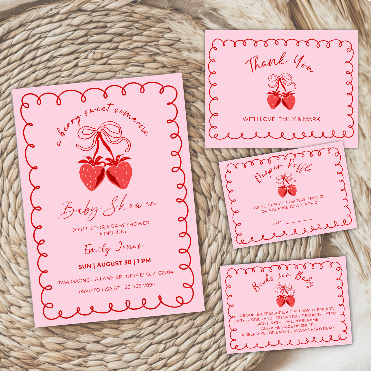 Baby Shower Invitation Bundle - Berry Sweet Coquette Pink Strawberry Grandmillennial BS151