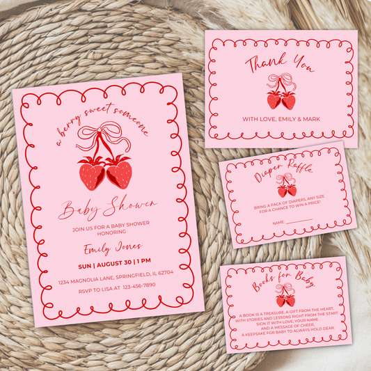 Baby Shower Invitation Bundle - Berry Sweet Coquette Pink Strawberry Grandmillennial BS151