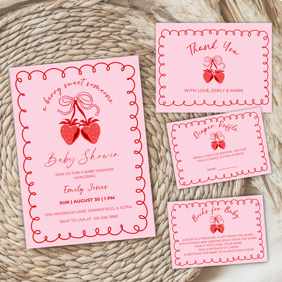 Baby Shower Invitation Bundle - Berry Sweet Coquette Pink Strawberry Grandmillennial BS151