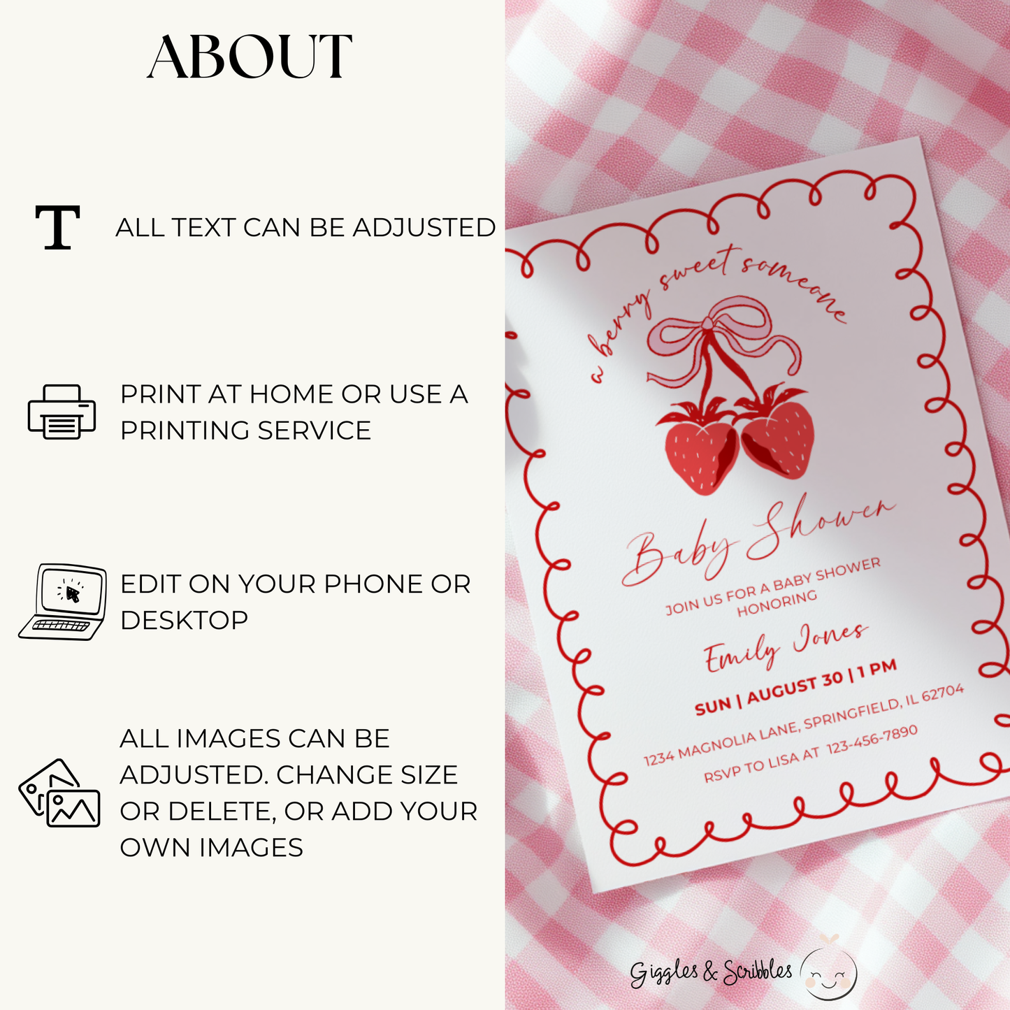 Baby Shower Invitation Bundle - Minimalistic Strawberry Berry Sweet Grandmillennial Coquette White BS151