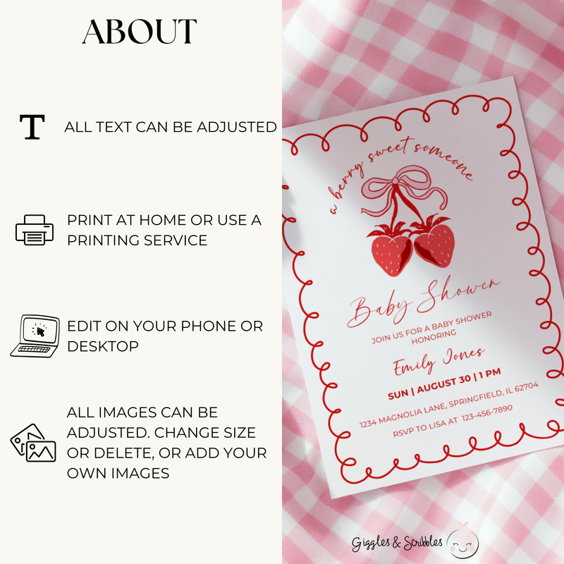 Baby Shower Invitation Bundle - Minimalistic Strawberry Berry Sweet Grandmillennial Coquette White BS151
