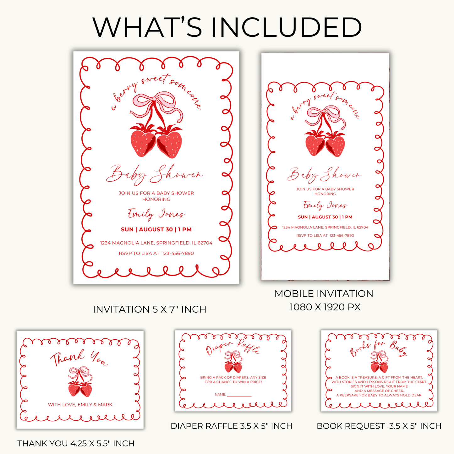 Baby Shower Invitation Bundle - Minimalistic Strawberry Berry Sweet Grandmillennial Coquette White BS151