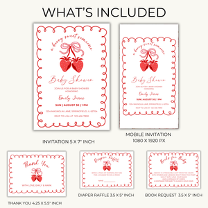 Baby Shower Invitation Bundle - Minimalistic Strawberry Berry Sweet Grandmillennial Coquette White BS151