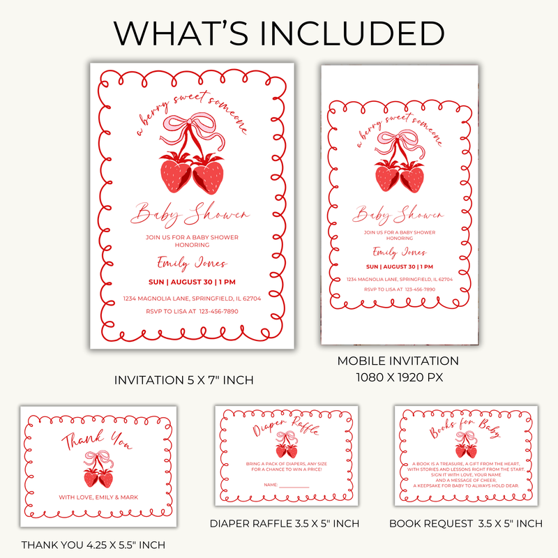Baby Shower Invitation Bundle - Minimalistic Strawberry Berry Sweet Grandmillennial Coquette White BS151