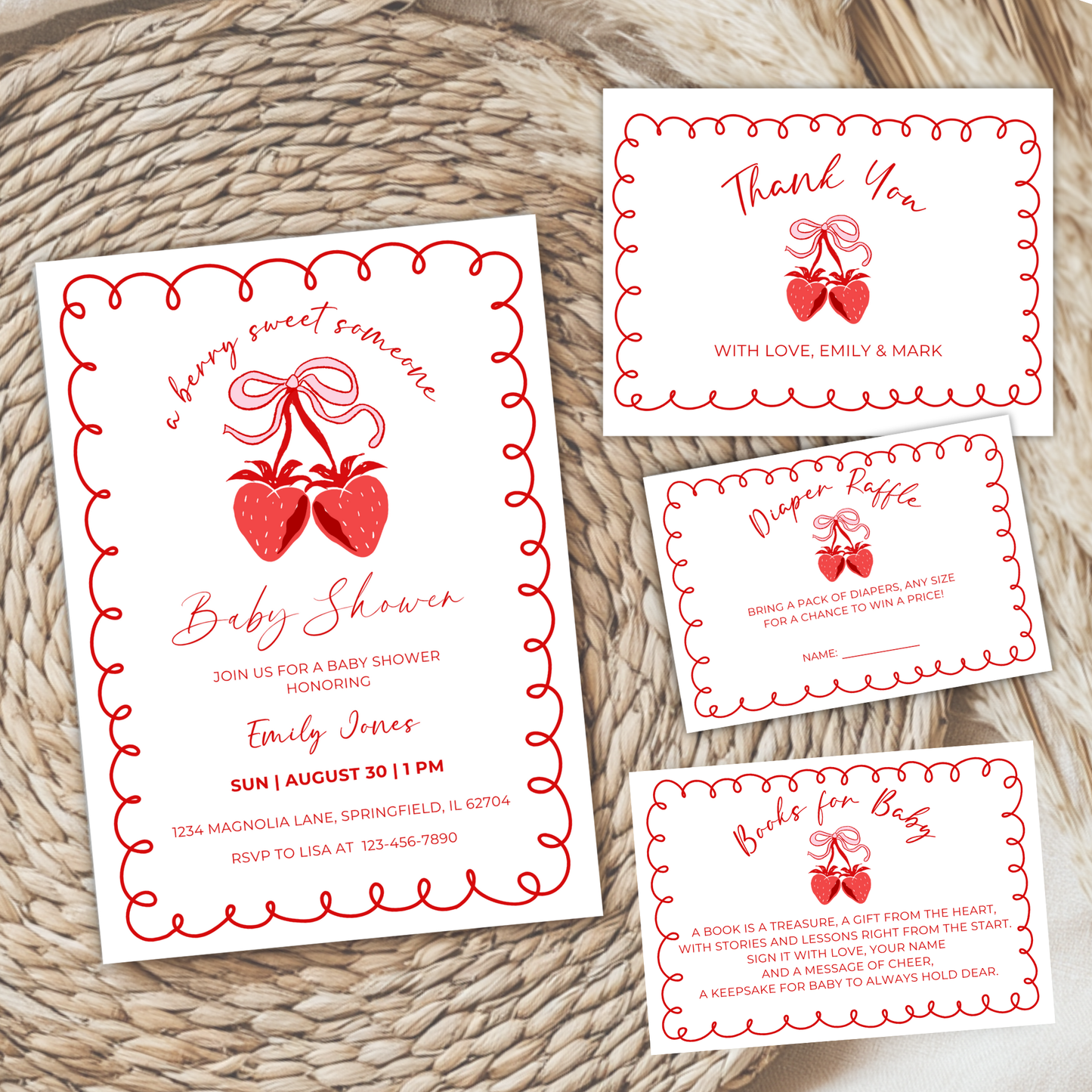 Baby Shower Invitation Bundle - Minimalistic Strawberry Berry Sweet Grandmillennial Coquette White BS151
