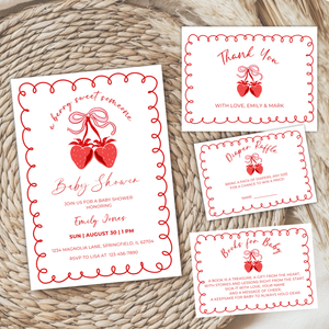 Baby Shower Invitation Bundle - Minimalistic Strawberry Berry Sweet Grandmillennial Coquette White BS151