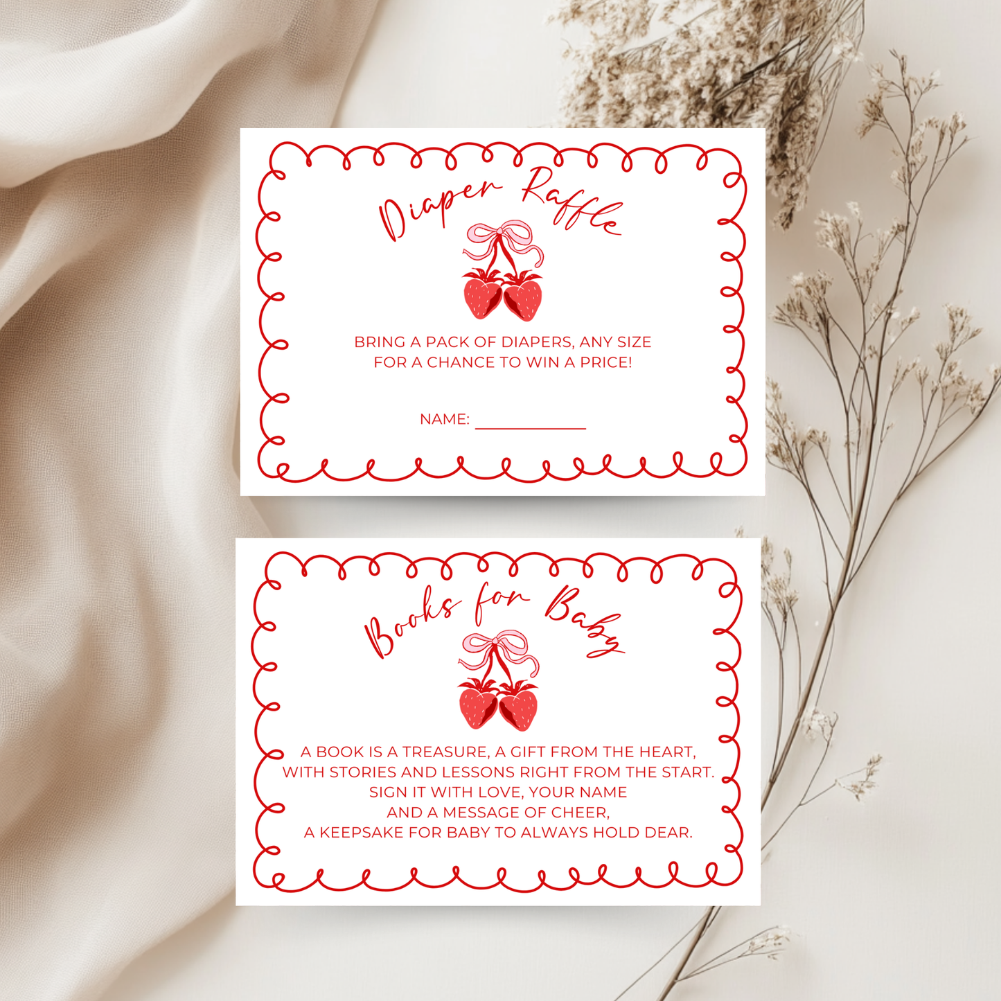 Baby Shower Invitation Bundle - Minimalistic Strawberry Berry Sweet Grandmillennial Coquette White BS151
