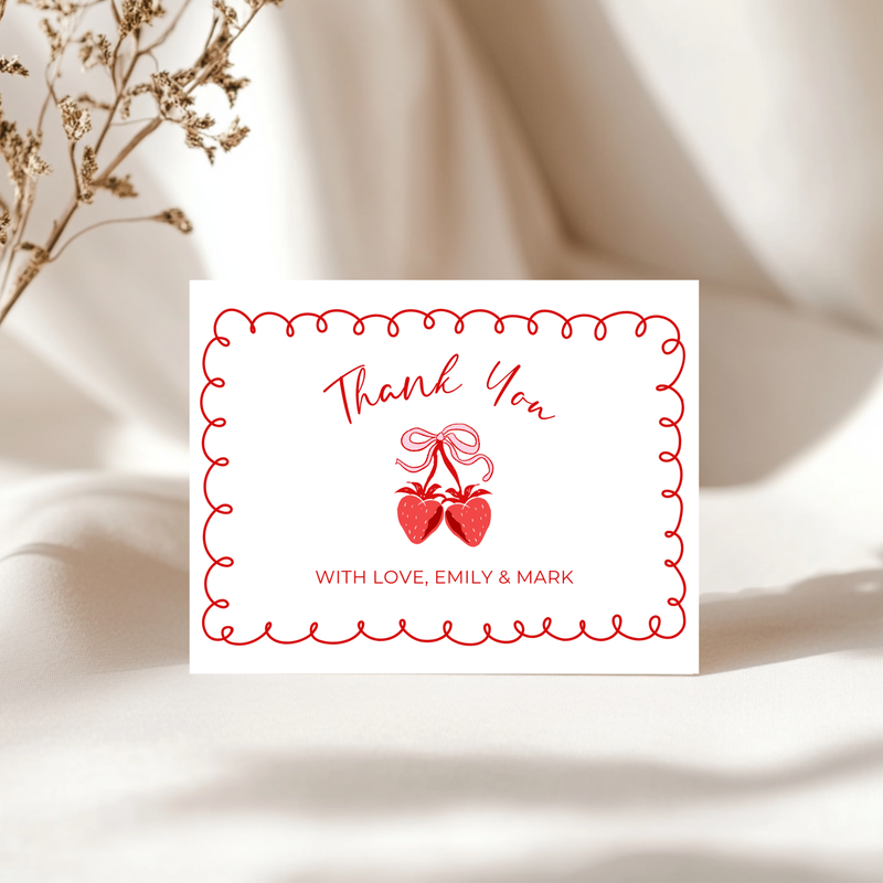 Baby Shower Invitation Bundle - Minimalistic Strawberry Berry Sweet Grandmillennial Coquette White BS151