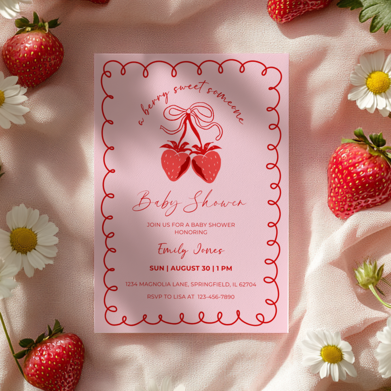 Baby Shower Invitation - Strawberry Coquette Bow Berry A Sweet Someone Pink BS151