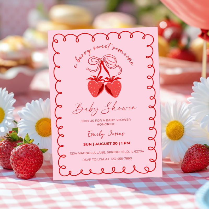 Baby Shower Invitation - Strawberry Coquette Bow Berry A Sweet Someone Pink BS151