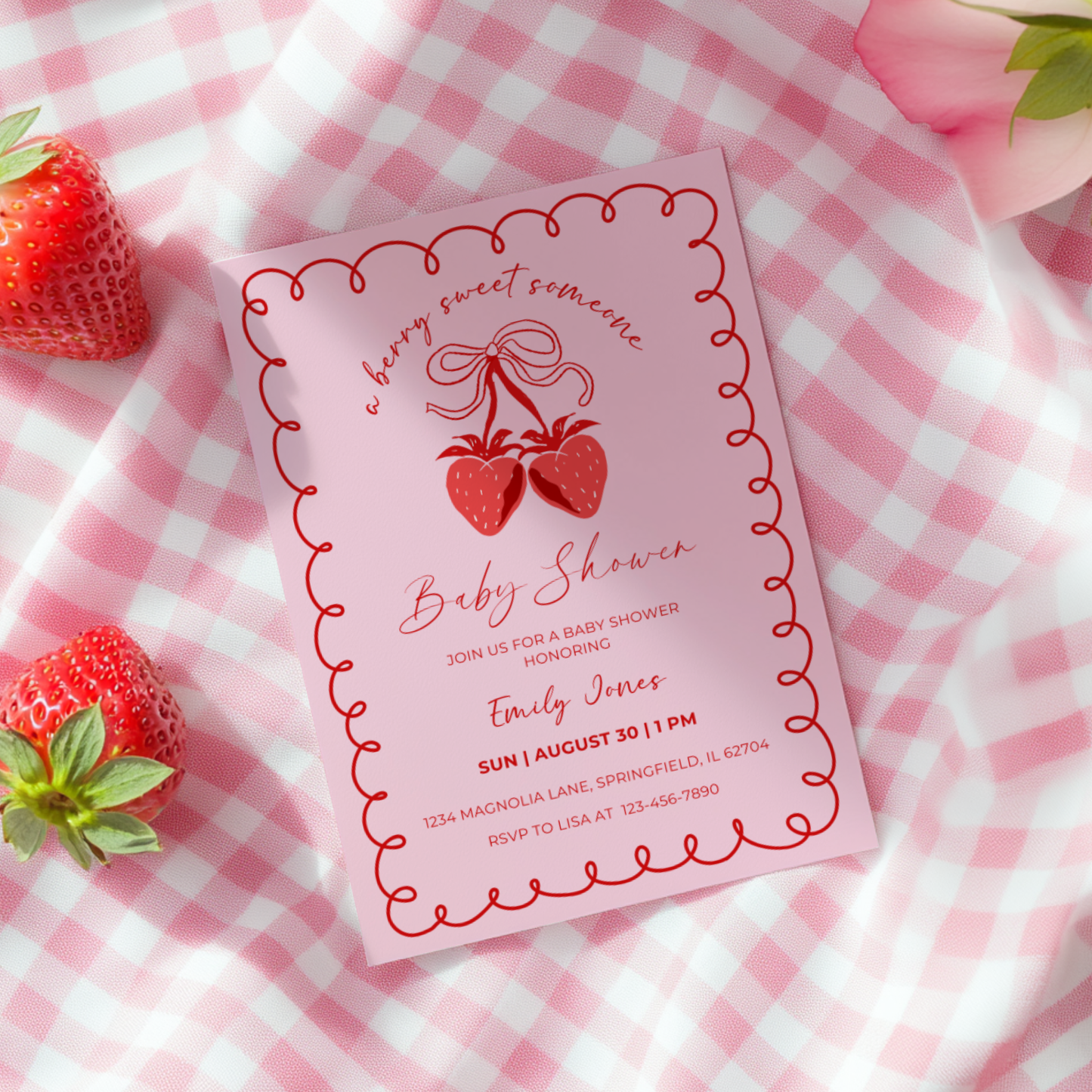 Baby Shower Invitation Bundle - Berry Sweet Coquette Pink Strawberry Grandmillennial BS151