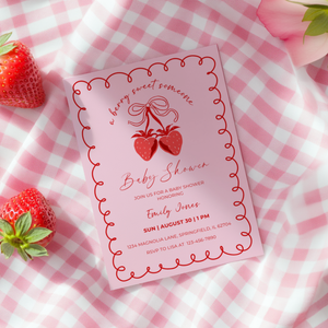 Baby Shower Invitation Bundle - Berry Sweet Coquette Pink Strawberry Grandmillennial BS151