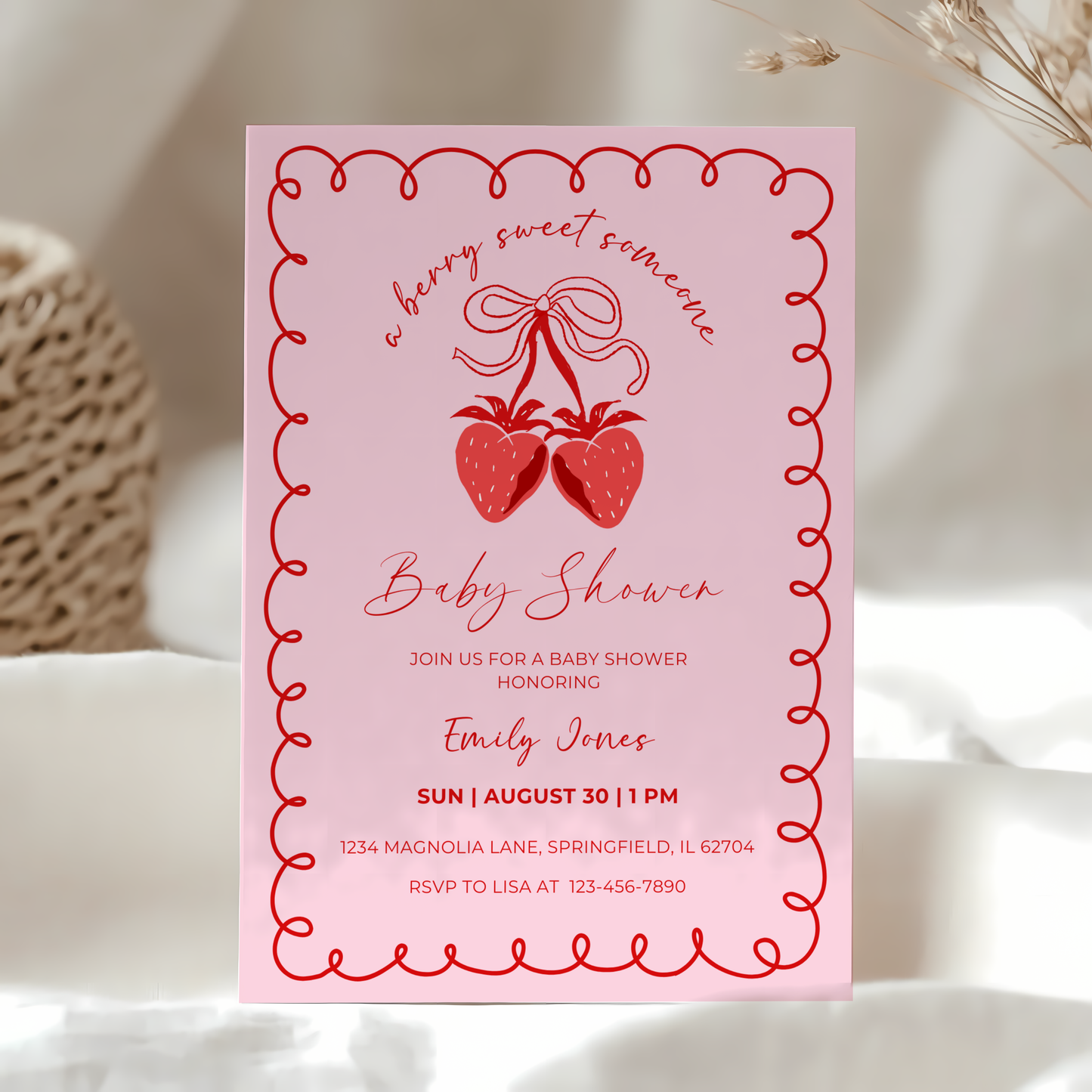 Baby Shower Invitation Bundle - Berry Sweet Coquette Pink Strawberry Grandmillennial BS151