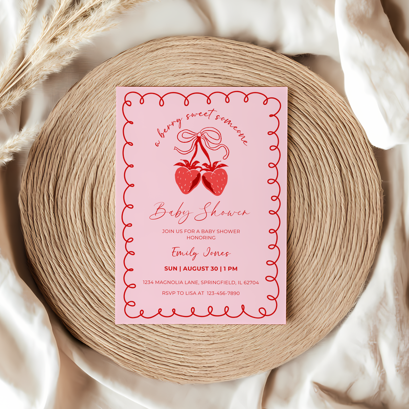 Baby Shower Invitation - Strawberry Coquette Bow Berry A Sweet Someone Pink BS151