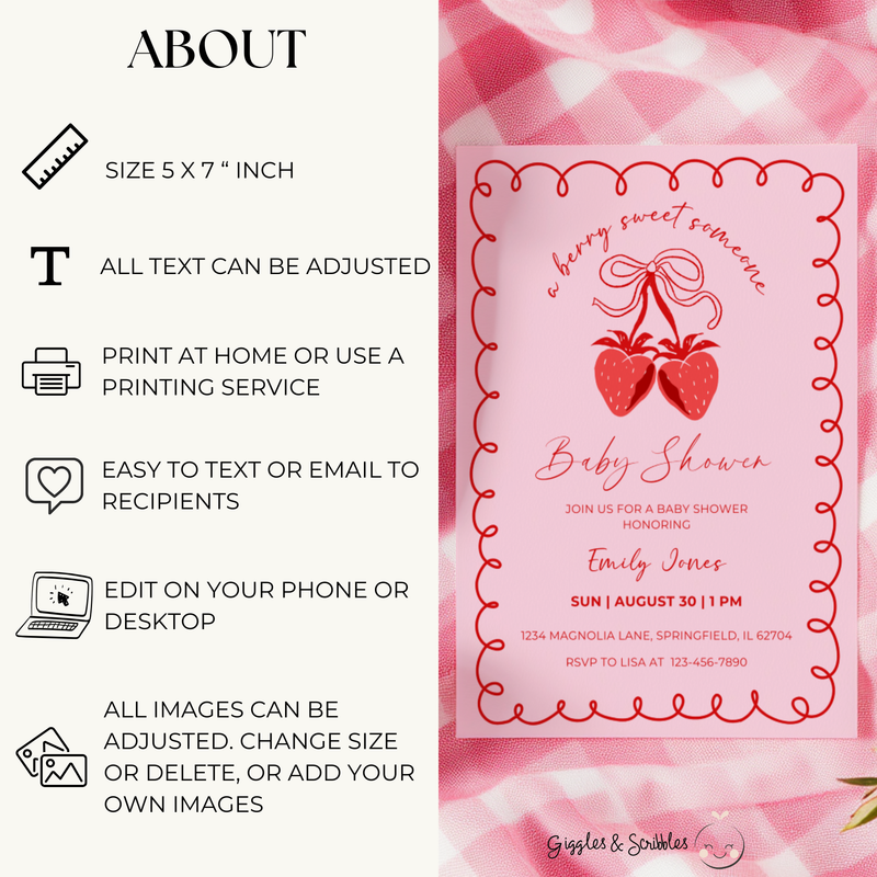 Baby Shower Invitation - Strawberry Coquette Bow Berry A Sweet Someone Pink BS151