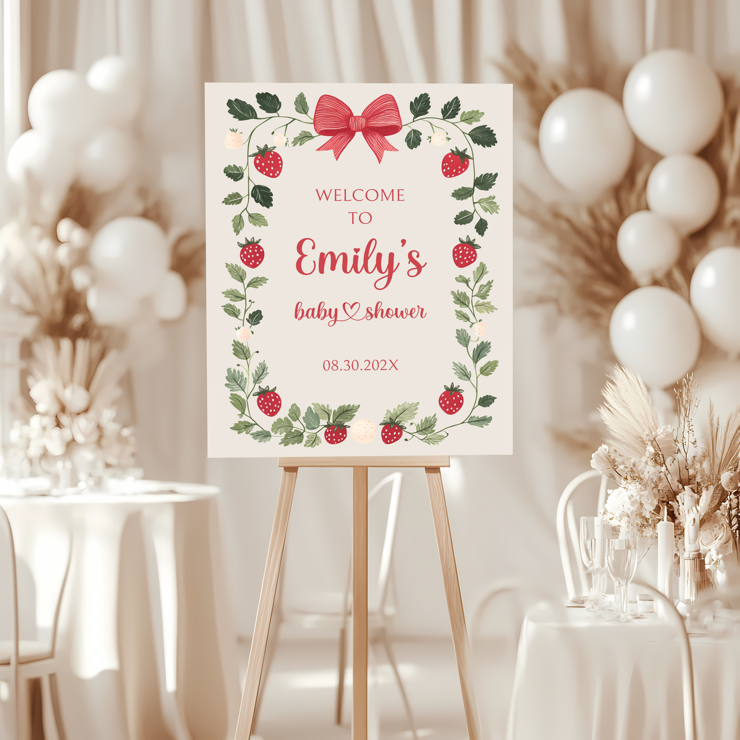 Baby Shower Welcome Sign - Beige Strawberry Berry Sweet Vintage Floral Gender Neutral BS63