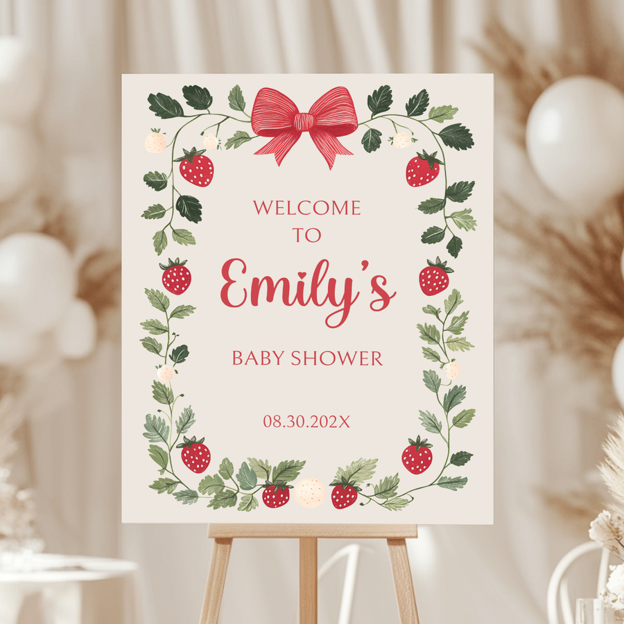 Baby Shower Welcome Sign - Beige Strawberry Berry Sweet Vintage Floral Gender Neutral BS63