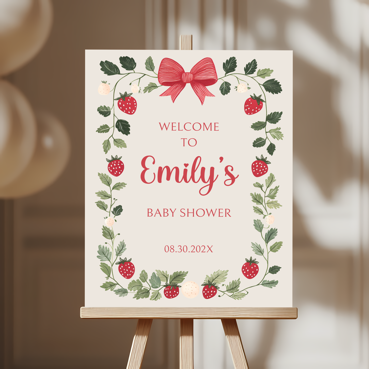 Baby Shower Welcome Sign - Beige Strawberry Berry Sweet Vintage Floral Gender Neutral BS63