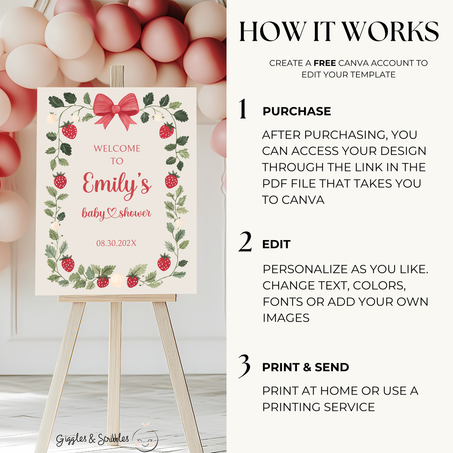 Baby Shower Welcome Sign - Beige Strawberry Berry Sweet Vintage Floral Gender Neutral BS63