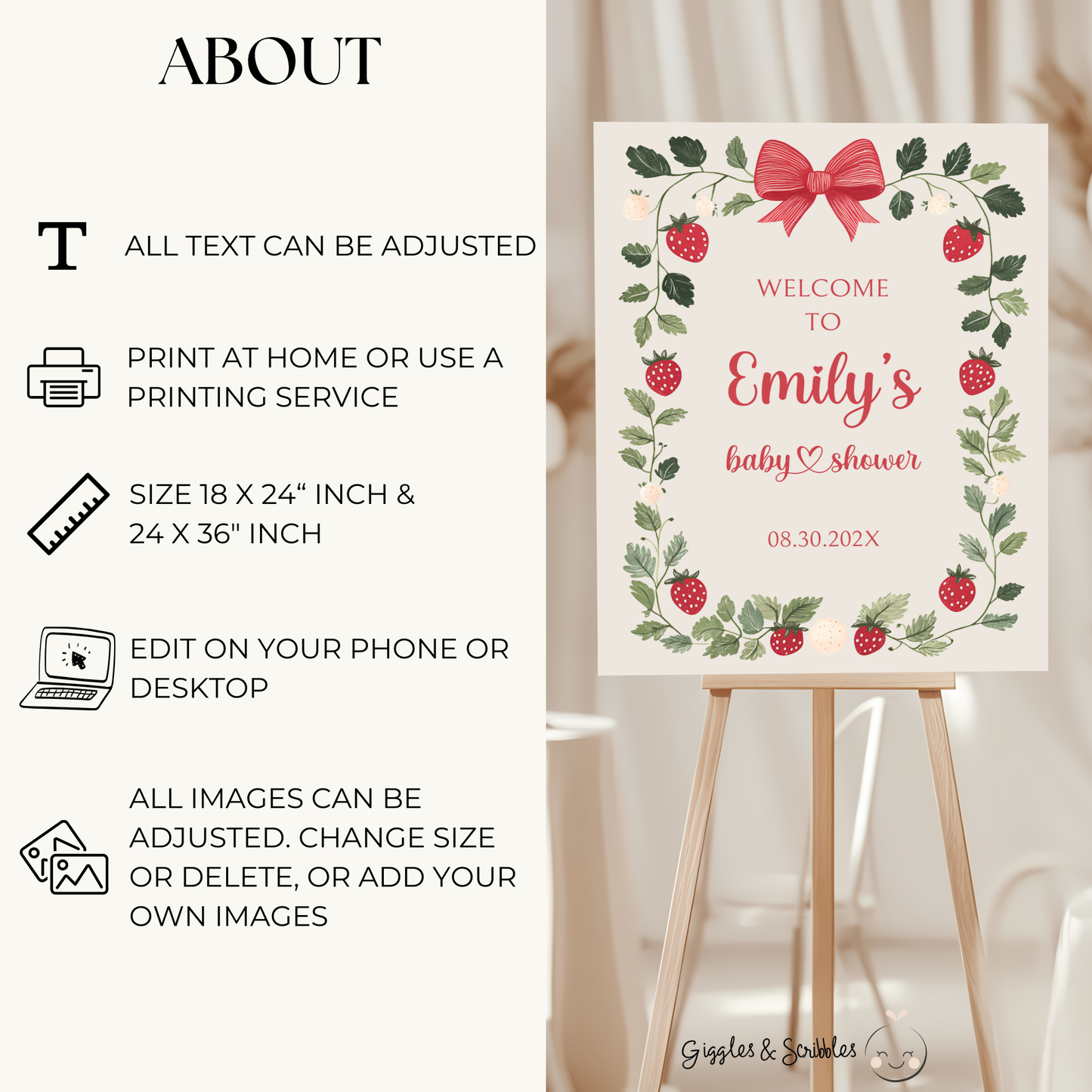 Baby Shower Welcome Sign - Beige Strawberry Berry Sweet Vintage Floral Gender Neutral BS63