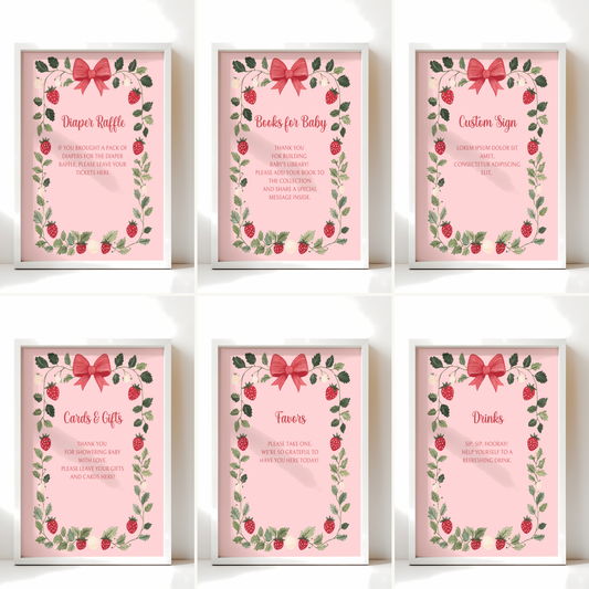 Baby Shower Table Sign Bundle - Berry Sweet Pink Strawberry Vintage Floral BS63