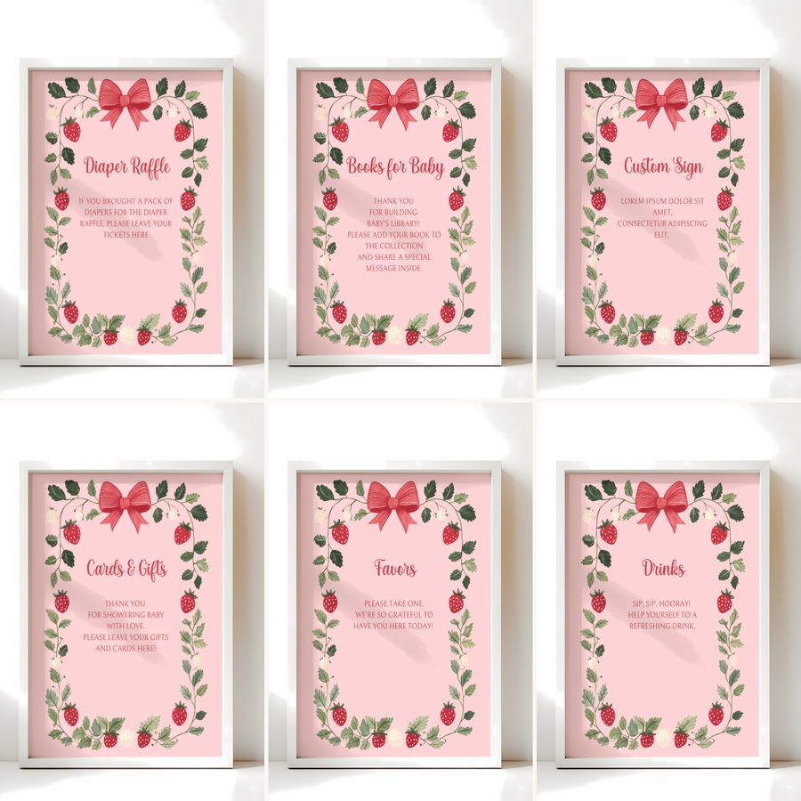 Baby Shower Table Sign Bundle - Berry Sweet Pink Strawberry Vintage Floral BS63