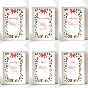 Baby Shower Table Sign Bundle - Berry Sweet Strawberry White Vintage Floral BS63