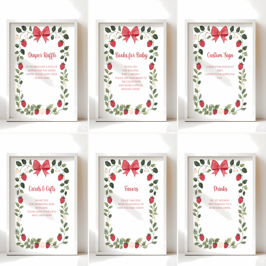 Baby Shower Table Sign Bundle - Berry Sweet Strawberry White Vintage Floral BS63