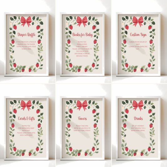 Baby Shower Table Sign Bundle - Strawberry Berry Sweet Beige Vintage Floral BS63