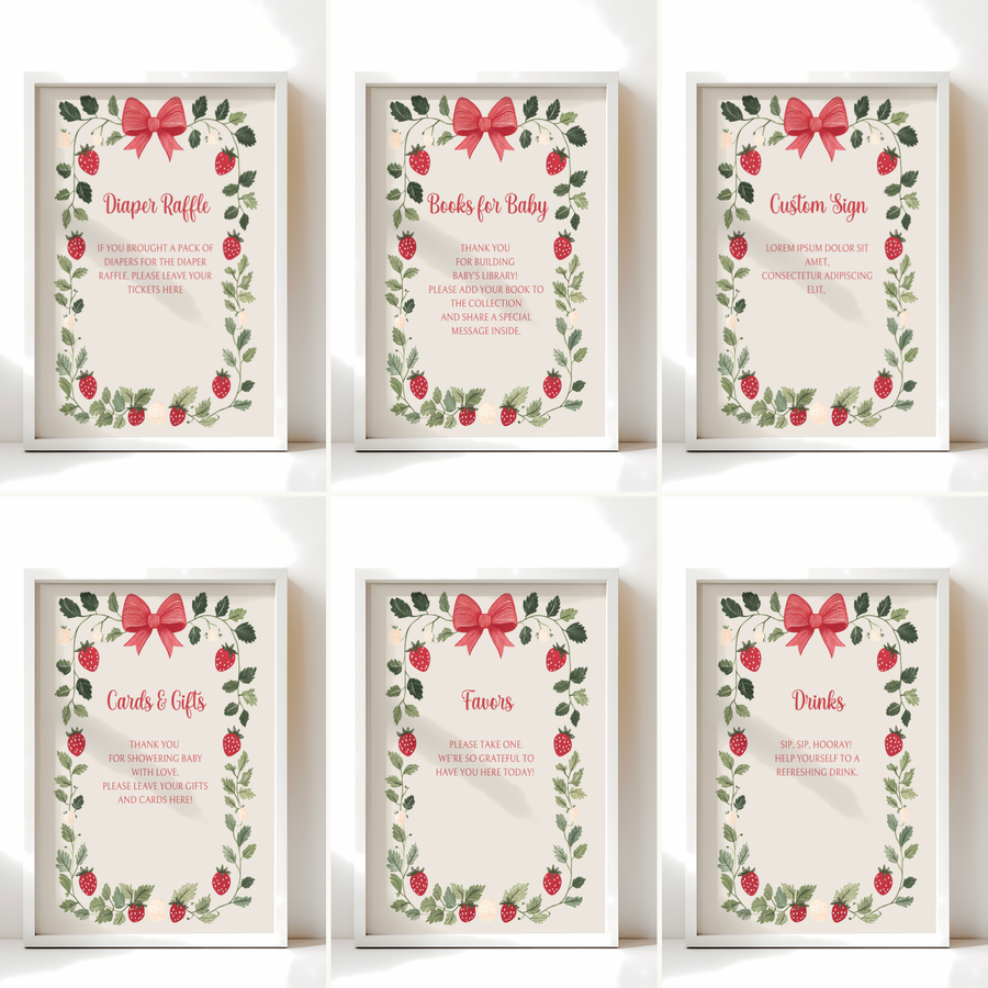 Baby Shower Table Sign Bundle - Strawberry Berry Sweet Beige Vintage Floral BS63