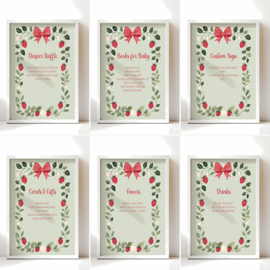 Baby Shower Table Sign Bundle - Strawberry Berry Sweet Green Vintage Floral BS63