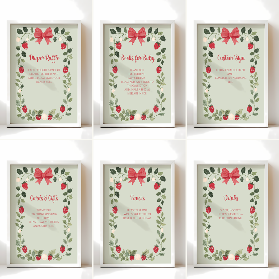 Baby Shower Table Sign Bundle - Strawberry Berry Sweet Green Vintage Floral BS63