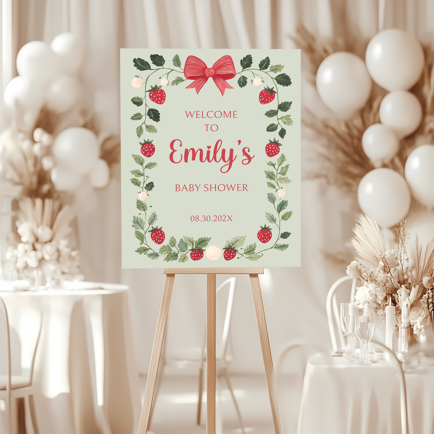 Baby Shower Welcome Sign - Green Strawberry Berry Sweet Vintage Floral BS63