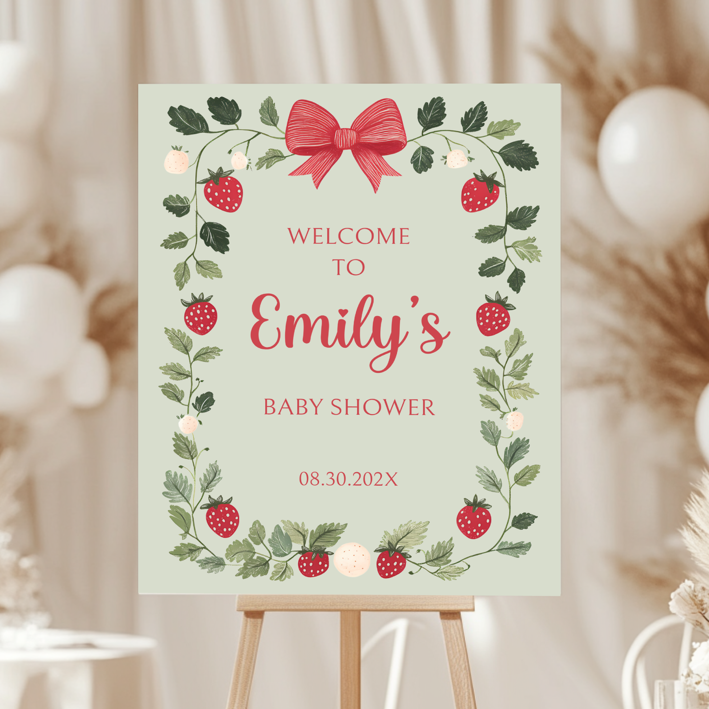 Baby Shower Welcome Sign - Green Strawberry Berry Sweet Vintage Floral BS63
