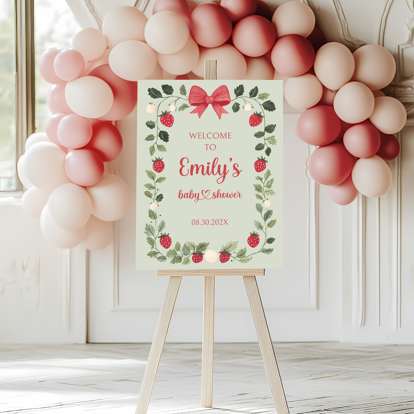 Baby Shower Welcome Sign - Green Strawberry Berry Sweet Vintage Floral BS63
