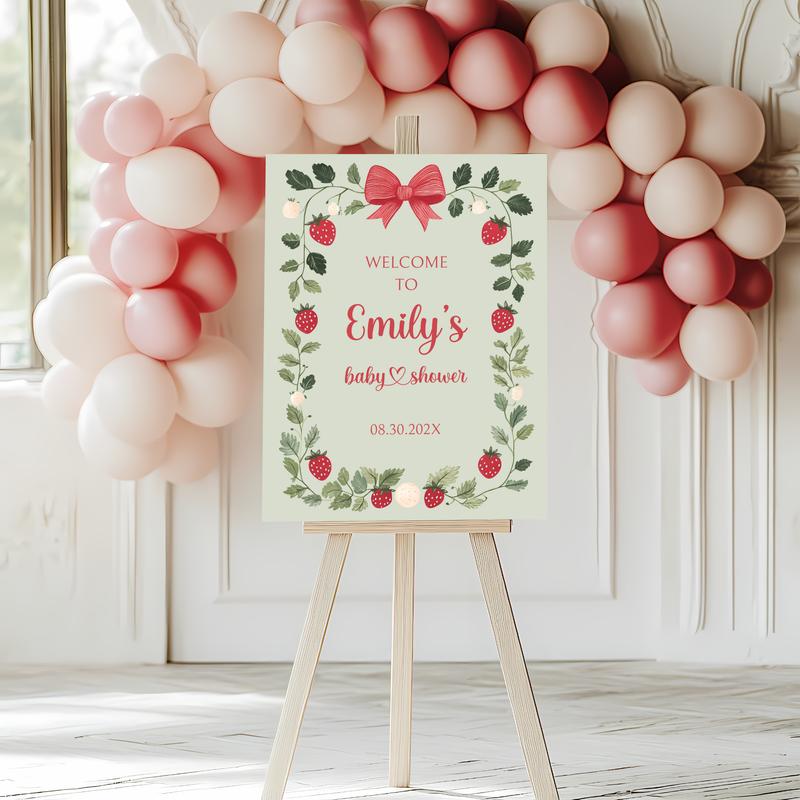 Baby Shower Welcome Sign - Green Strawberry Berry Sweet Vintage Floral BS63