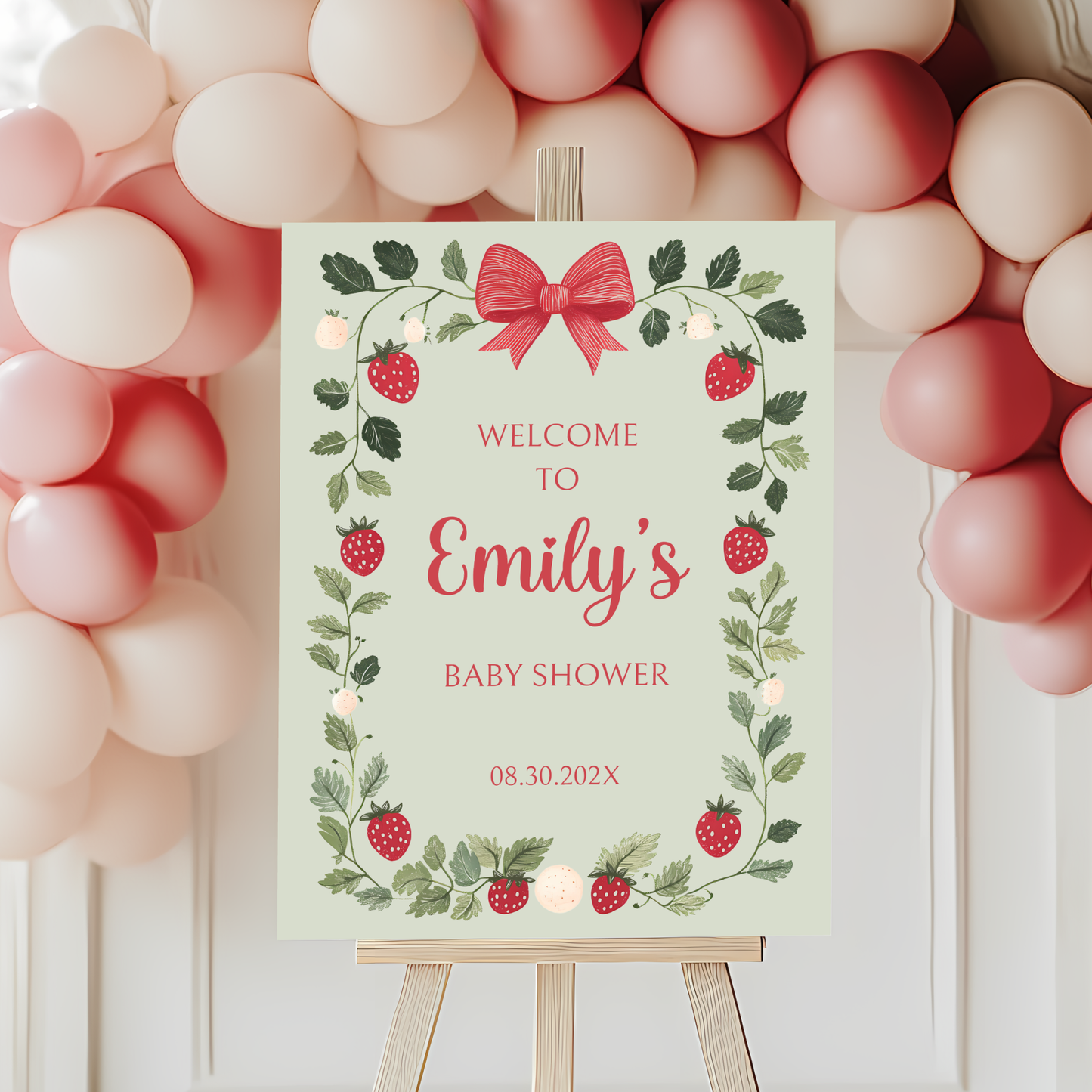 Baby Shower Welcome Sign - Green Strawberry Berry Sweet Vintage Floral BS63