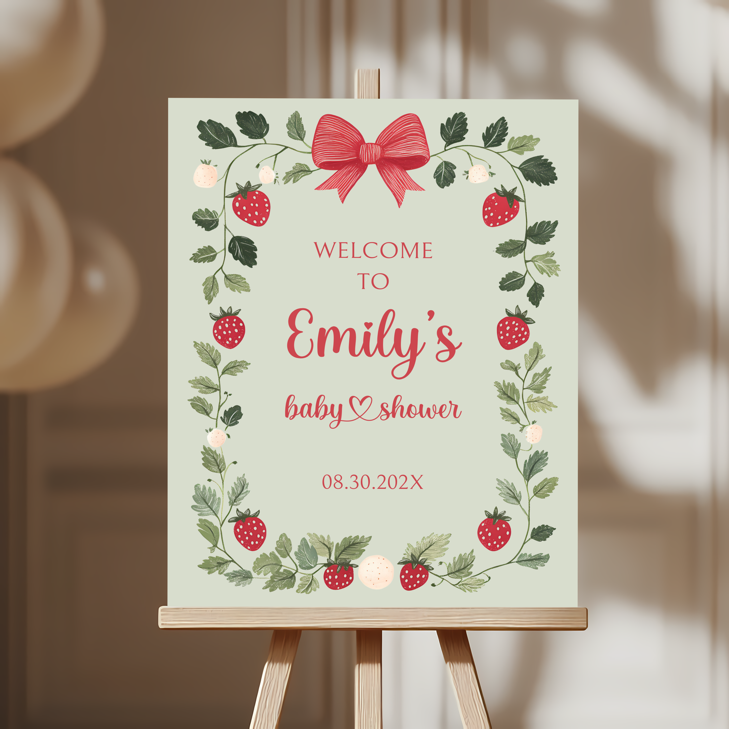 Baby Shower Welcome Sign - Green Strawberry Berry Sweet Vintage Floral BS63