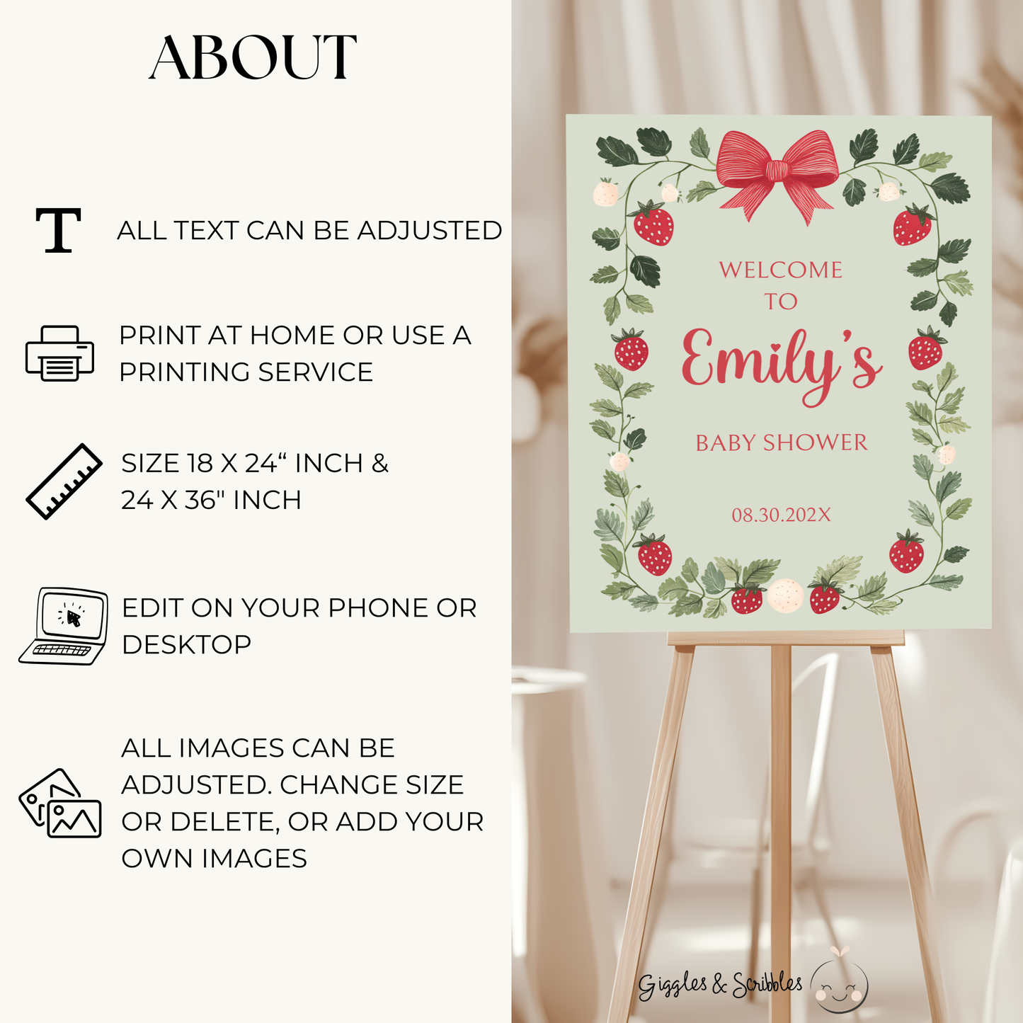 Baby Shower Welcome Sign - Green Strawberry Berry Sweet Vintage Floral BS63