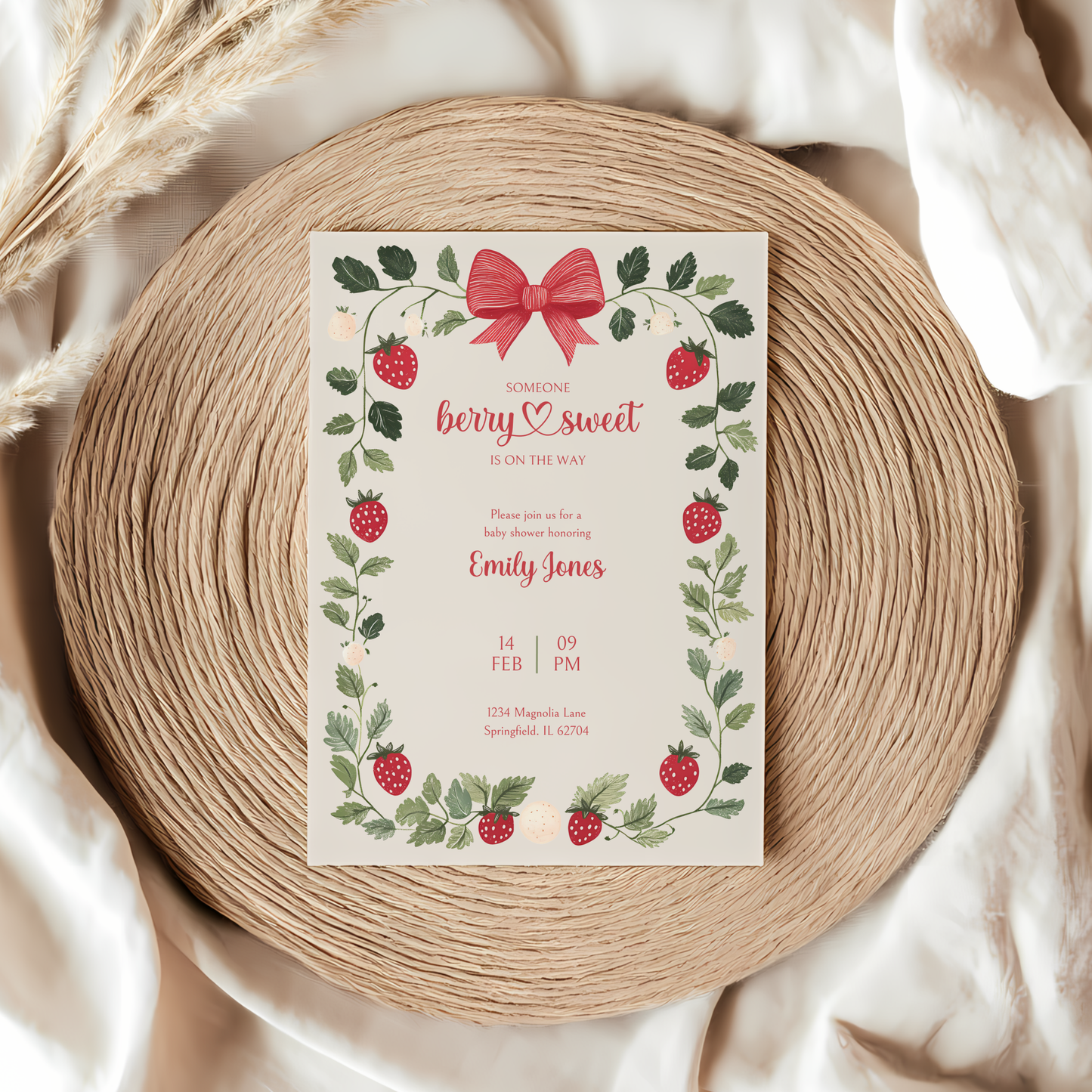 Baby Shower Invitation Bundle - Beige Strawberry Berry Sweet Vintage Floral BS63