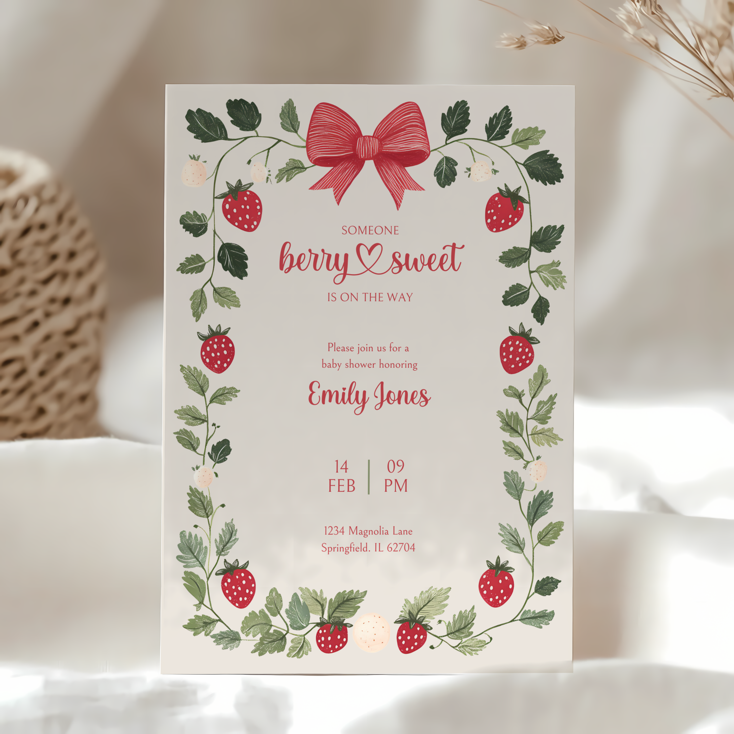 Baby Shower Invitation Bundle - Beige Strawberry Berry Sweet Vintage Floral BS63