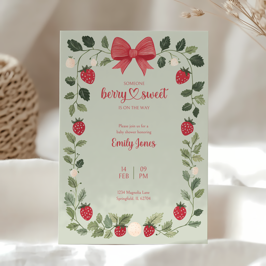 Baby Shower Invitation - Someone Berry Sweet Strawberry Vintage Green BS63
