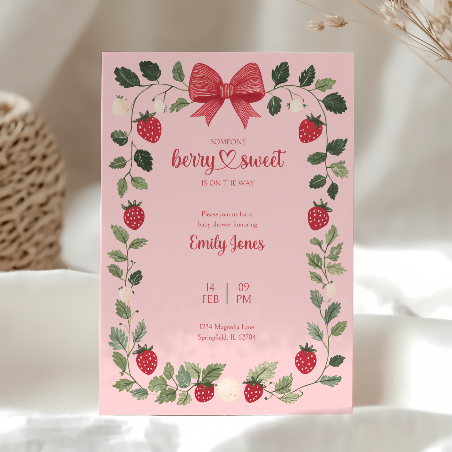 Baby Shower Invitation Bundle - Pink Strawberry Berry Sweet Vintage Floral BS63