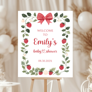 Baby Shower Welcome Sign - White Strawberry Berry Sweet Neutral Vintage Floral BS63