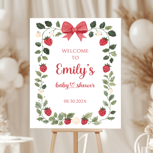 Baby Shower Welcome Sign - White Strawberry Berry Sweet Neutral Vintage Floral BS63